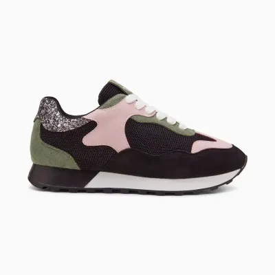Baskets kate noir kaki et rose a semelle running